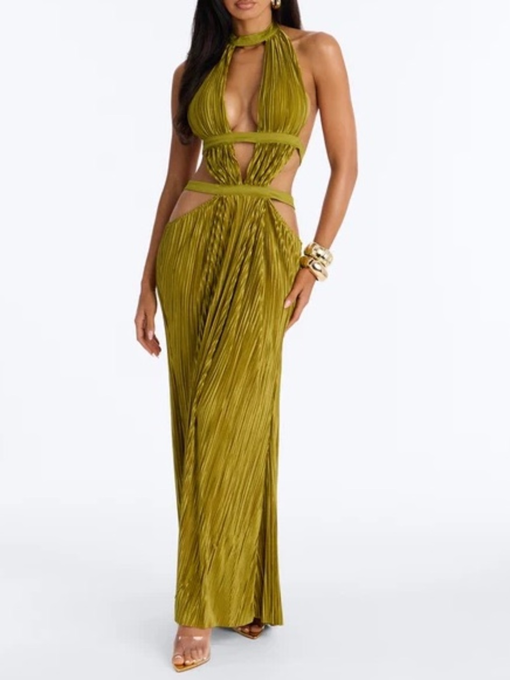Fashion Nova Olive Green Cutout Halter Pleated Maxi Dress